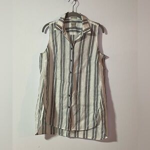 Chico’s Linen Stripe Sleeveless Button Down Tunic, White/Gray, 0 (4/6 Small)